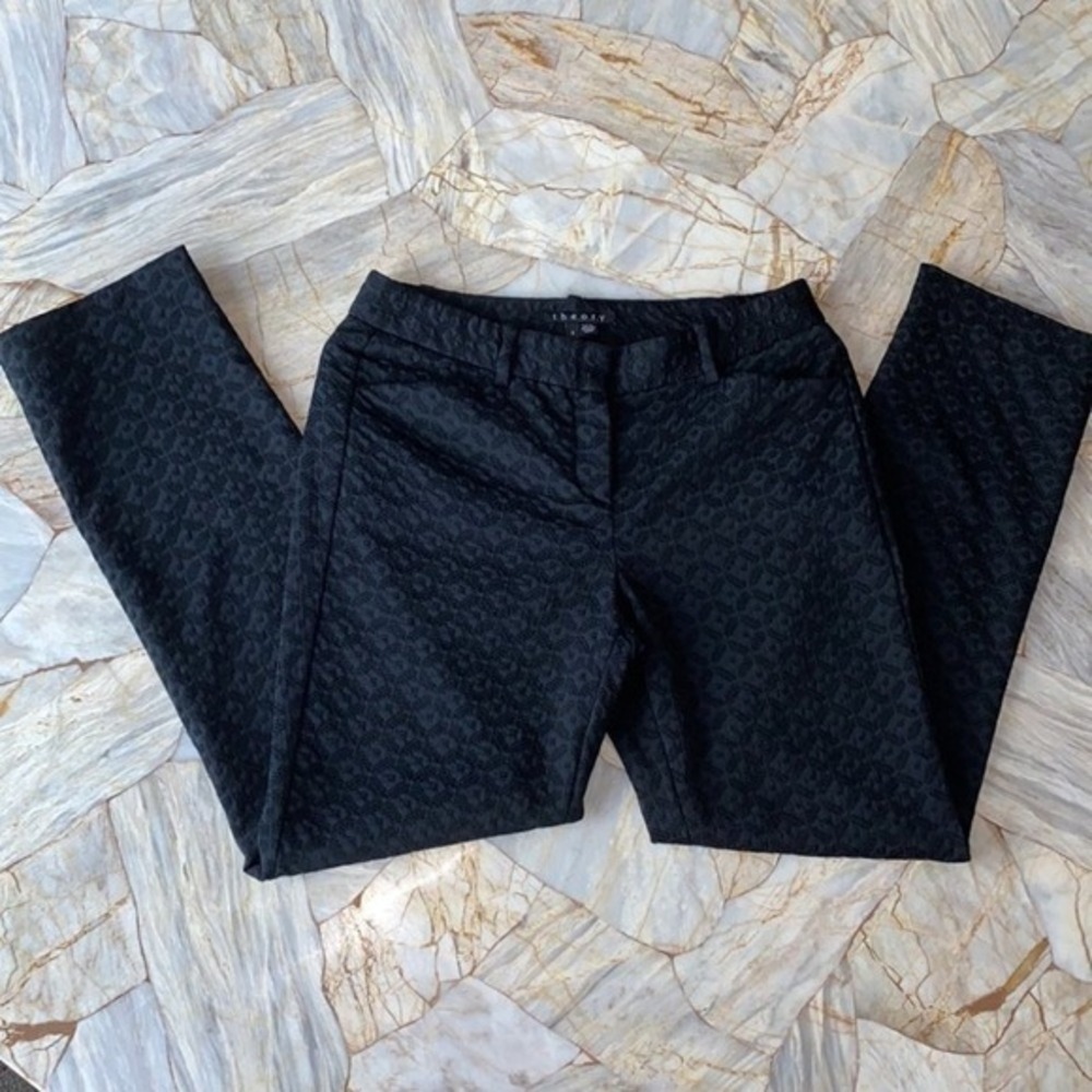 Theory Black Jacquard Geometric Textured Straight Leg Trousers Pants Size 2 - Picture 5 of 10